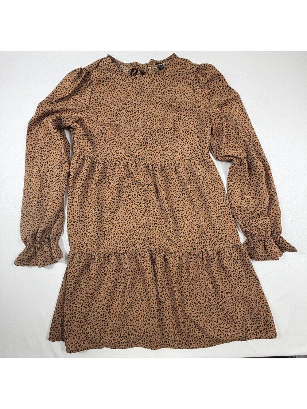 SHEIN Brown Leopard Print Long Sleeve Dress with Back Tie Detail, Size Small